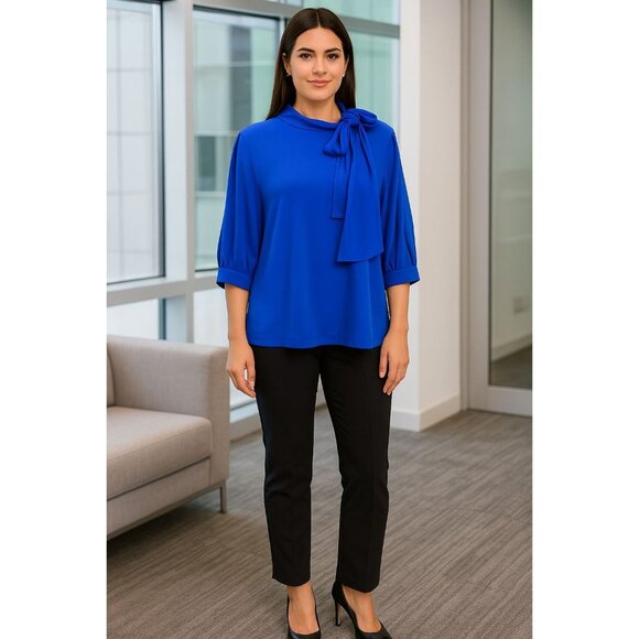 CeCe Blouse M Royal Blue Keyhole Back 3/4 Sleeve Tie Neck Elegant Design Career - Picture 1 of 8